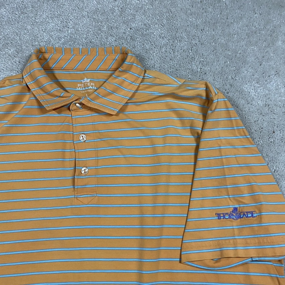 Peter Millar Polo Shirt Mens L Orange Seaside Wash Striped Golf Thornblade